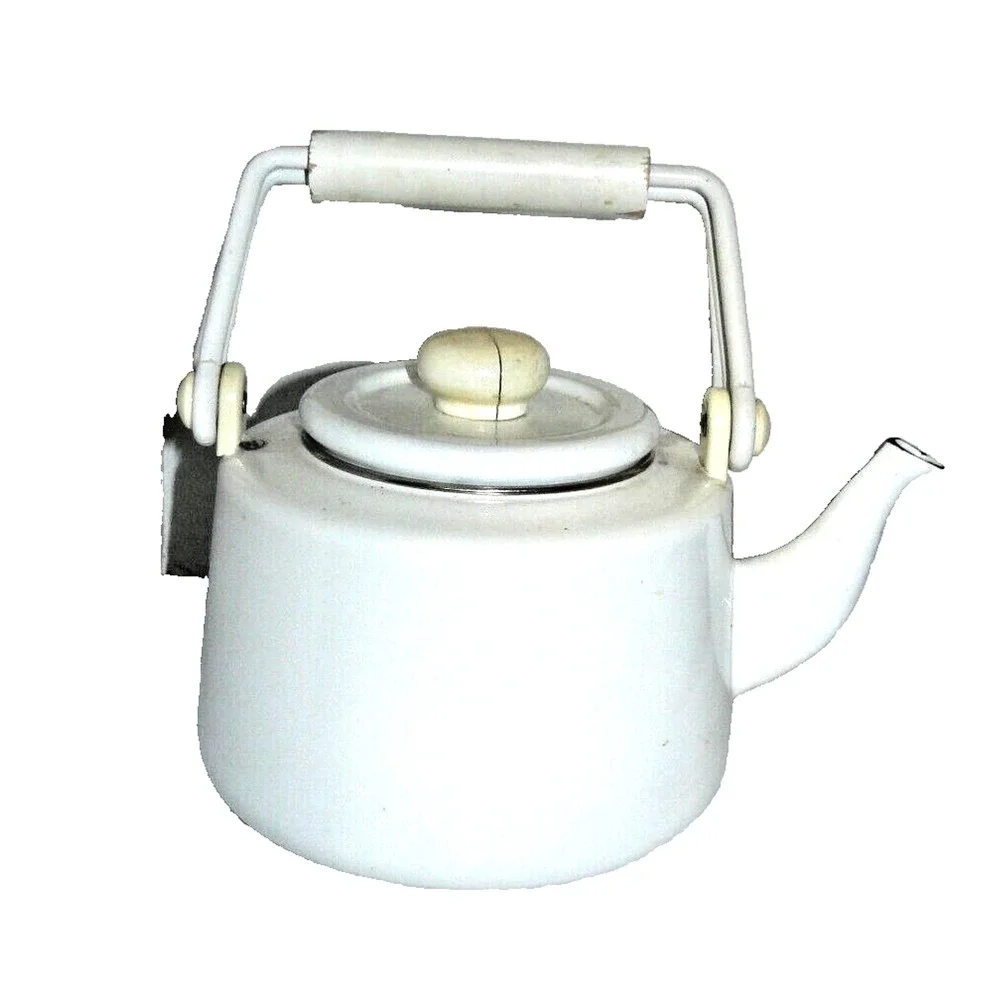 Vintage Signed Martin Leman White Enamel Teapot Tea Kettle Kitty Cat & Ball